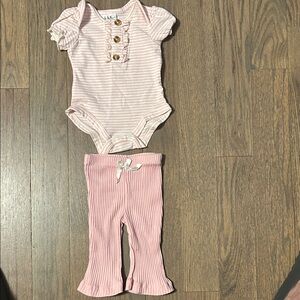 Nicole Miller Pink Striped Bodysuit & Ribbed Pants Set